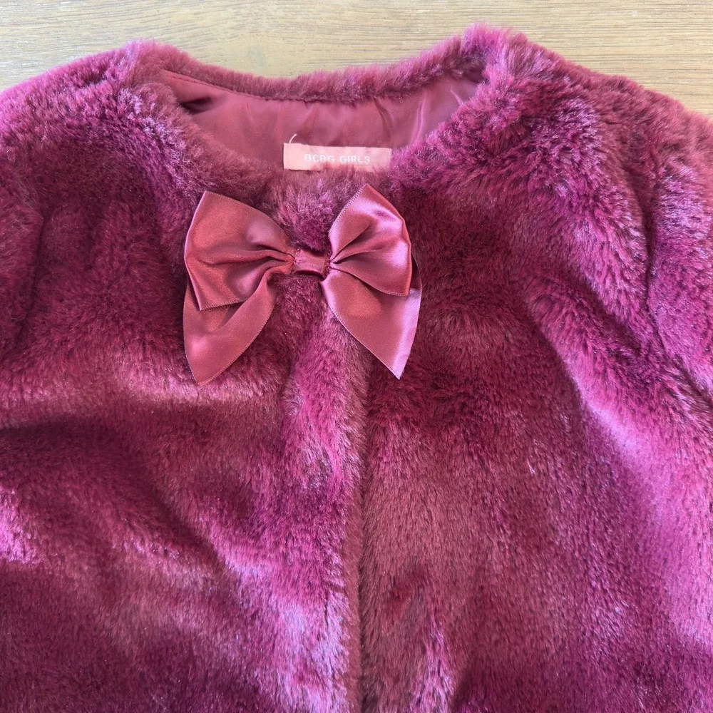 BCBG Little‎ Girls' Faux Fur Dressy Cropped Jacket With Bow-Maroon Red-Size 2T